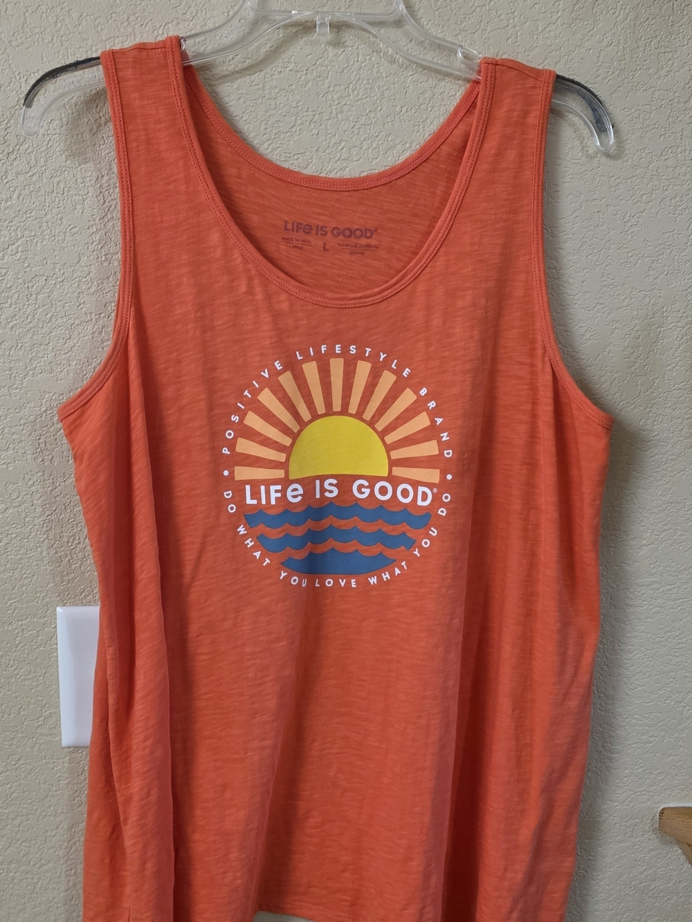 Life Is Good Orange Tank with Sunrise Graphic